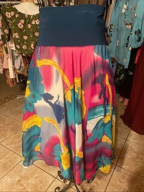 Floral Watercolor Circle Skirt with Teal Band